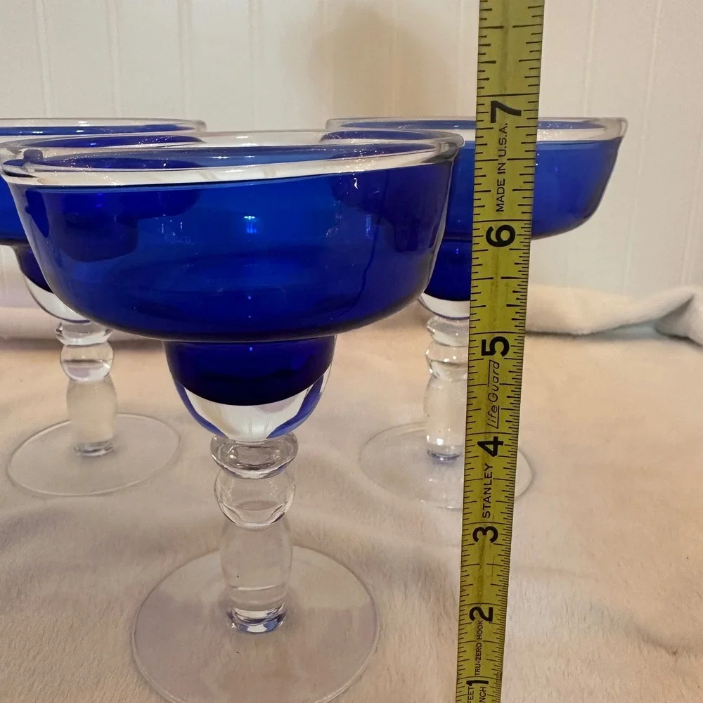 Vintage Margarita Glasses Set of 4 Cobalt Blue Clear Bubble Stem Excellent MCM